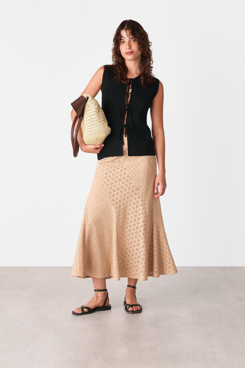 Camel Cotton Broderie Midi Skirt