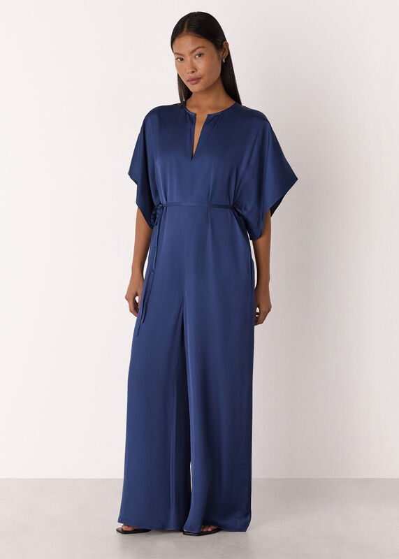 Navy Petite Satin Short Sleeve Jumpsuit