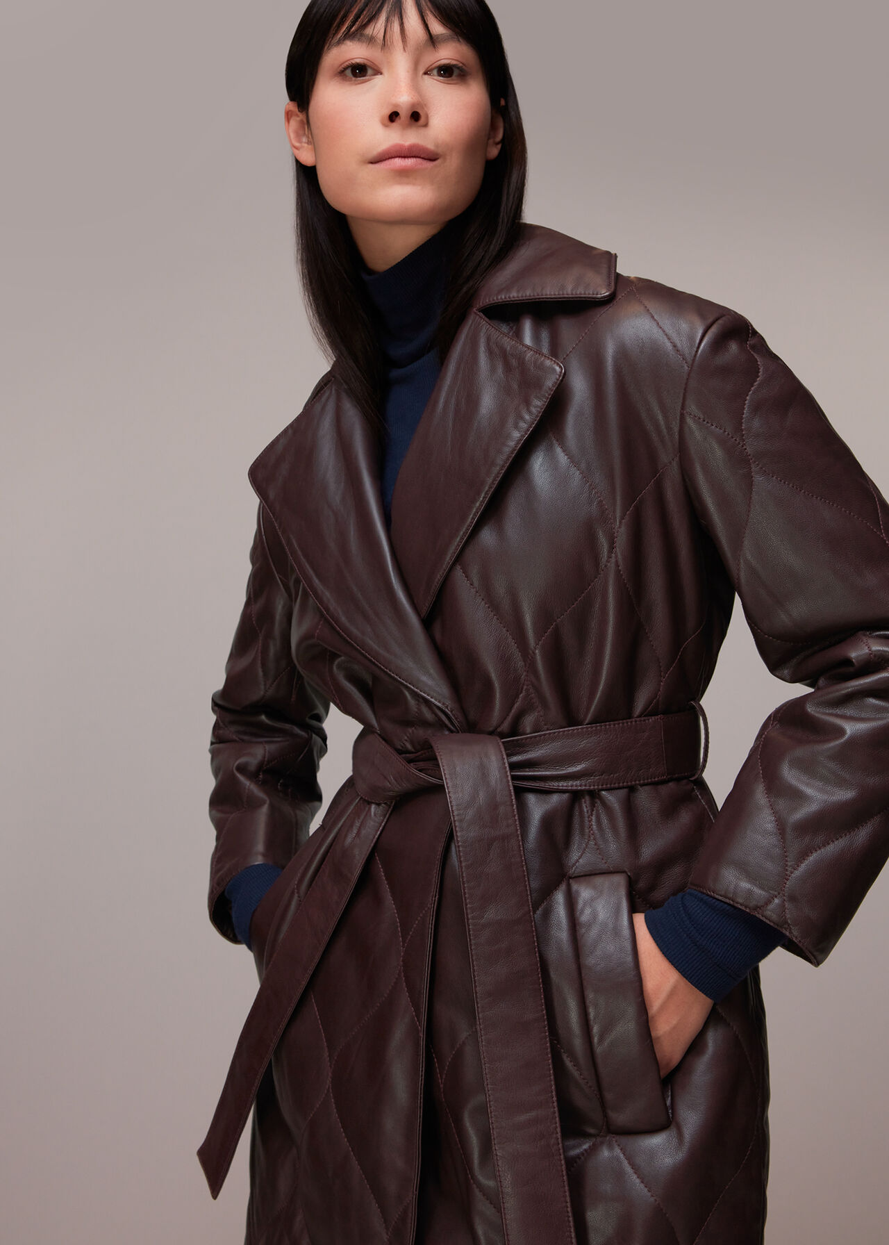 Burgundy Luna Leather Belted Jacket | WHISTLES | Whistles UK