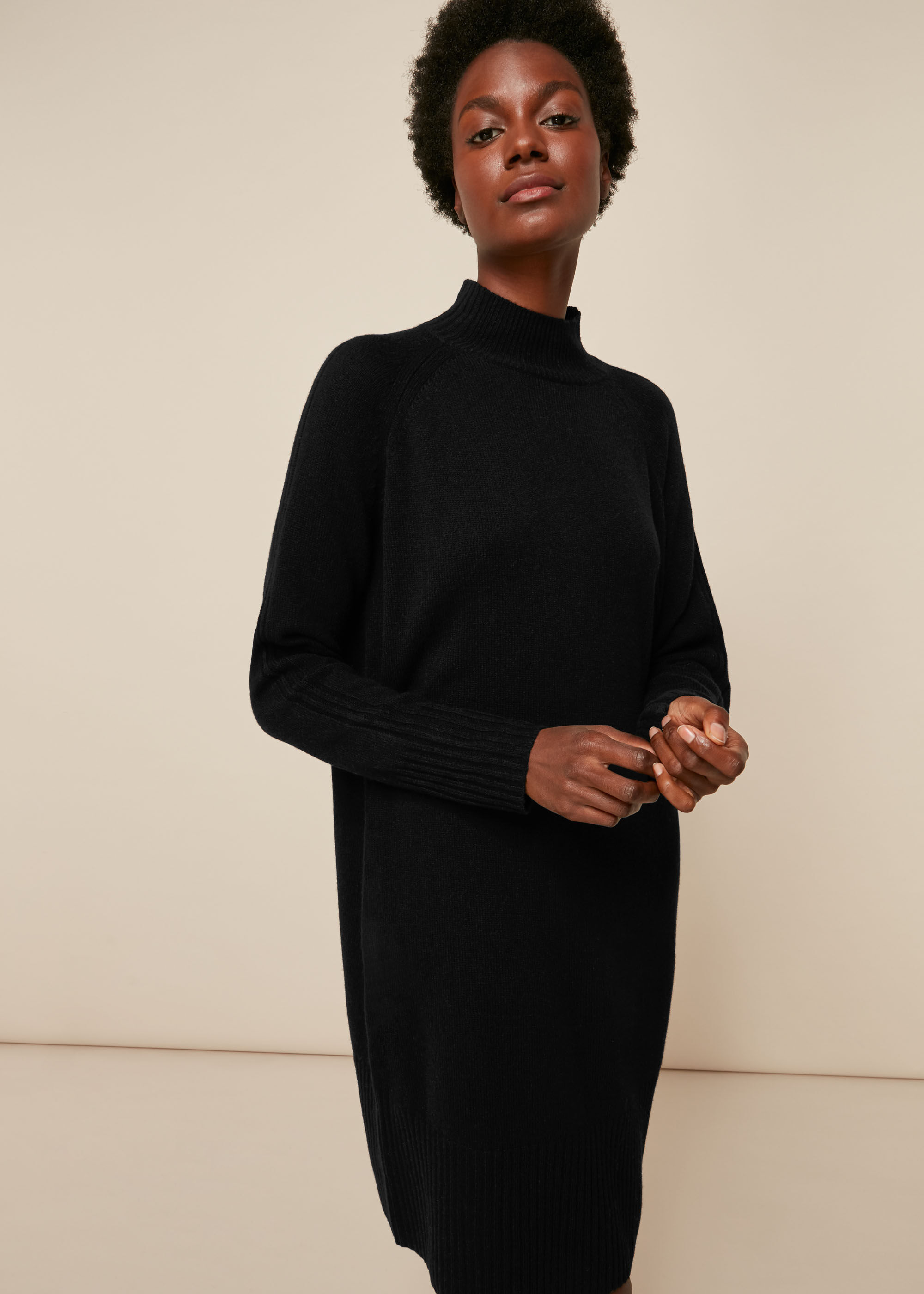 Black Funnel Neck Wool Knit Dress | WHISTLES | Whistles US |