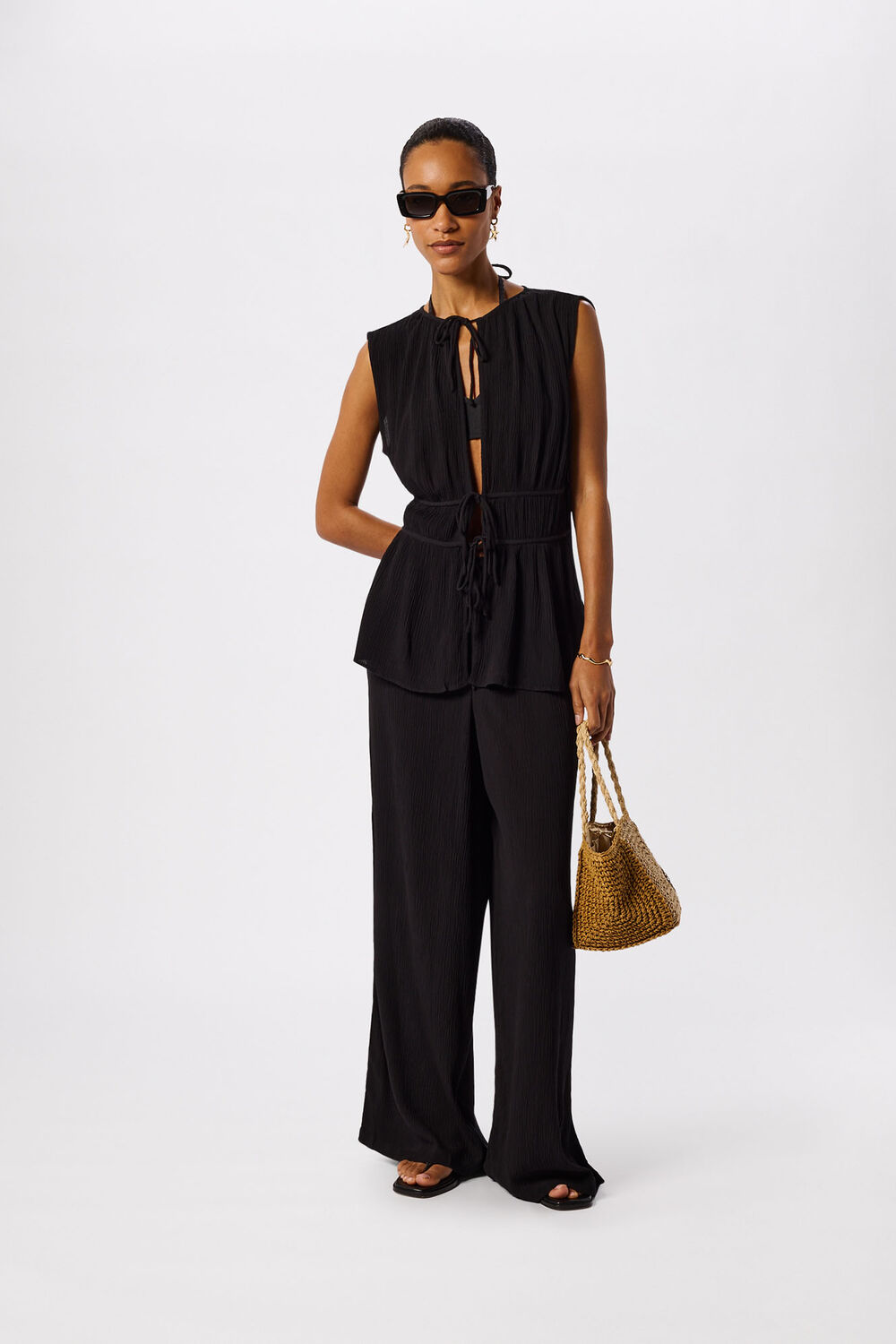 Black Beach Tie Front Trouser