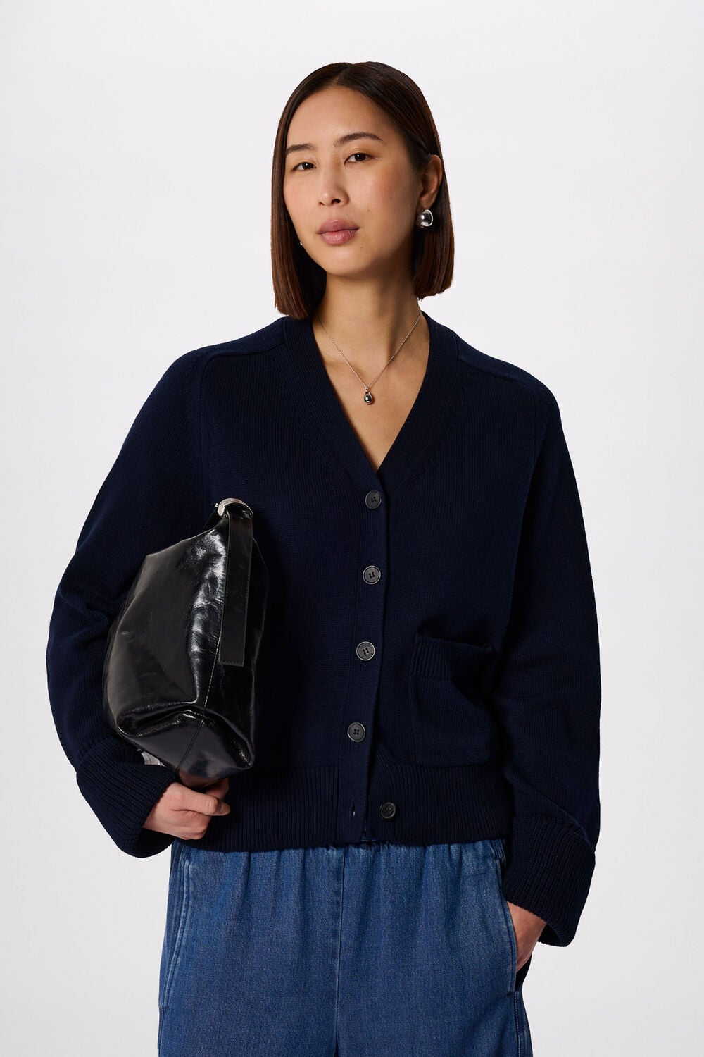 Navy Cotton Pocket Detail Cardigan