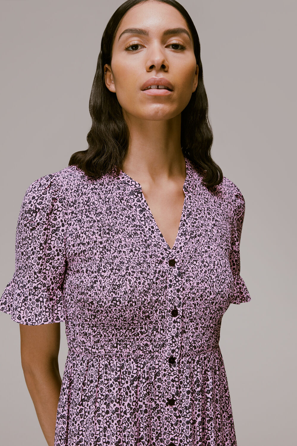 Pink Aria Flower Stamp Midi Dress