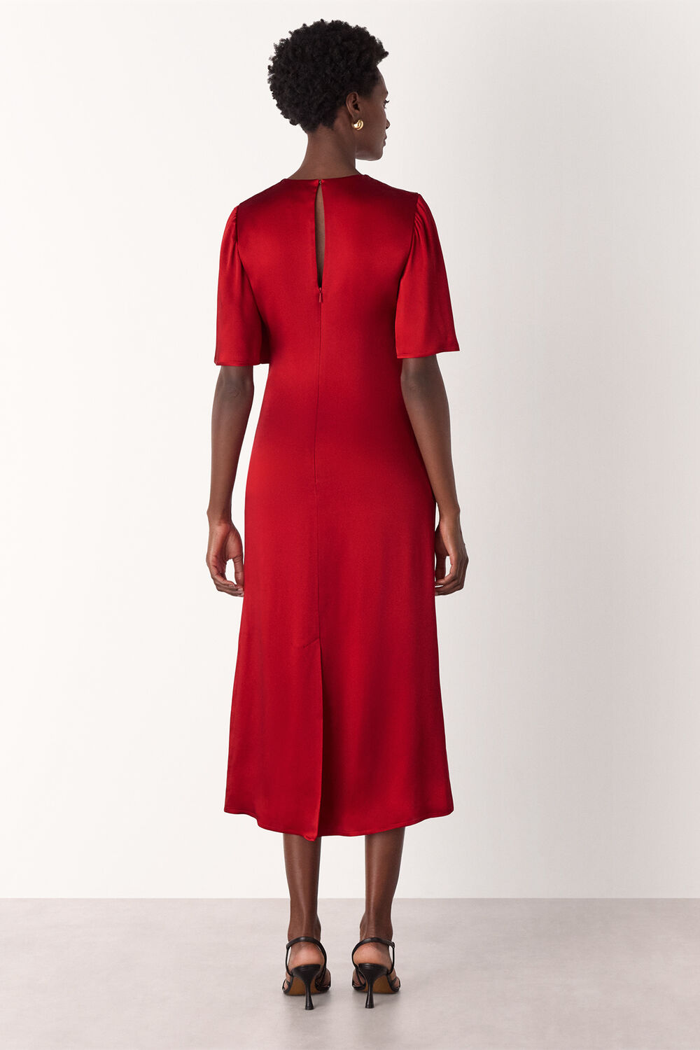 Red Satin Twist Waist Midi Dress
