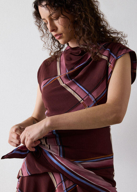 Brown Painted Check Cowl Neck Dress