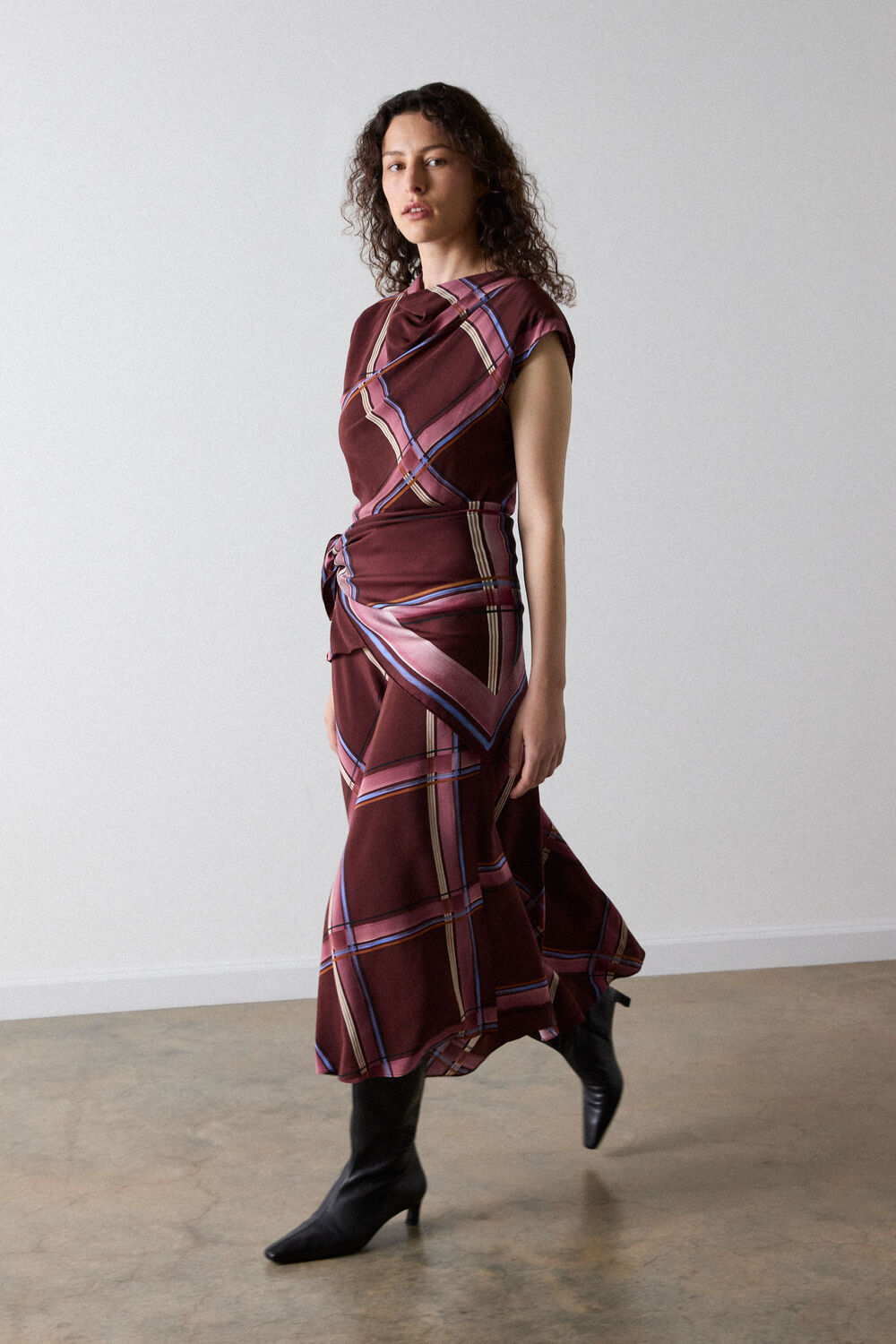 Brown Painted Check Cowl Neck Dress