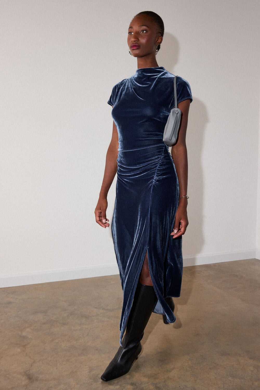 Navy Velvet Ruched Midi Dress
