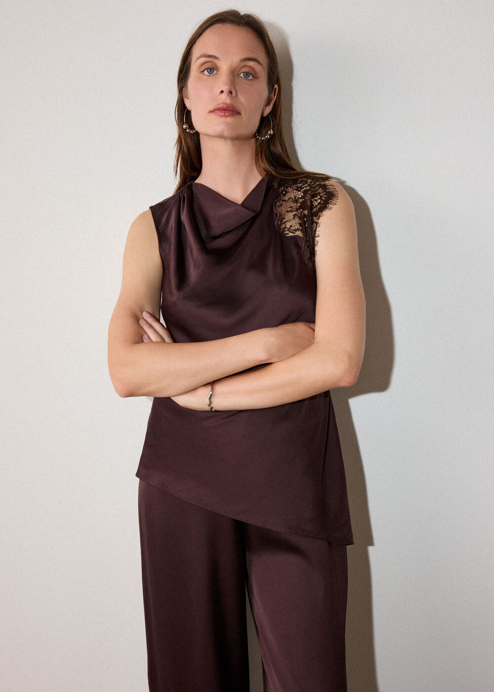 Chocolate Lace Asymmetric Satin Top