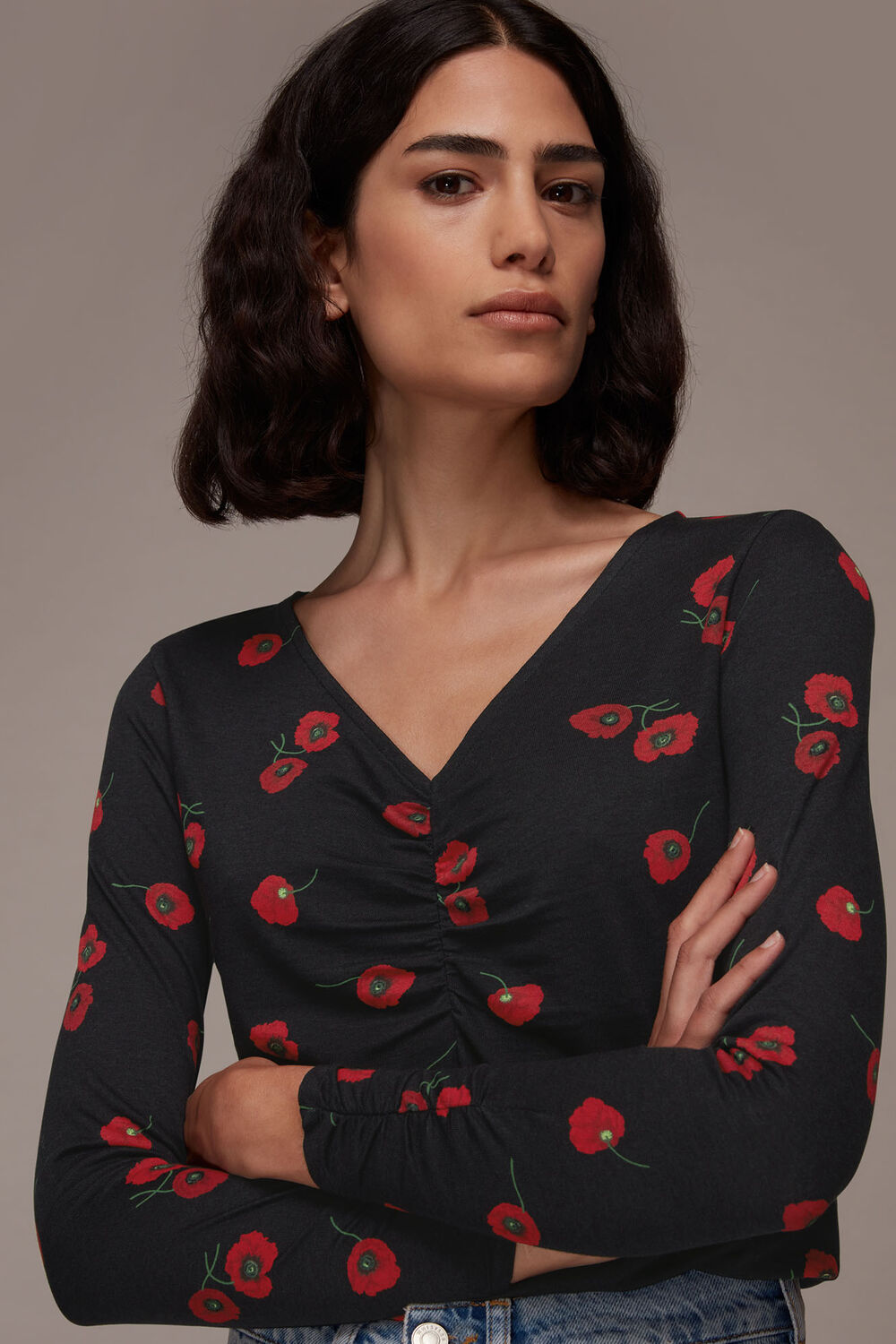 Multicolour Poppy Print Ruched Neck Tee