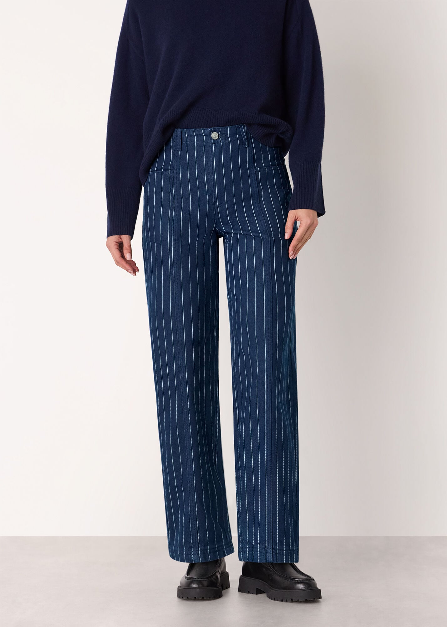 Navy/Multi Pinstripe Barrel Leg Jean | WHISTLES | Whistles US | Navy/Multi Pinstripe Barrel Leg Jean | WHISTLES | Whistles US |