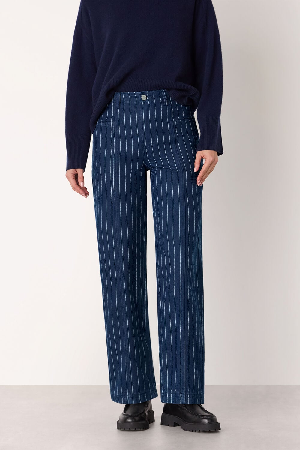 Navy Pinstripe Barrel Leg Jean