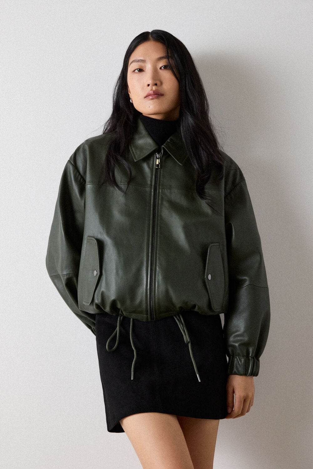 Khaki Frida Leather Bomber Jacket