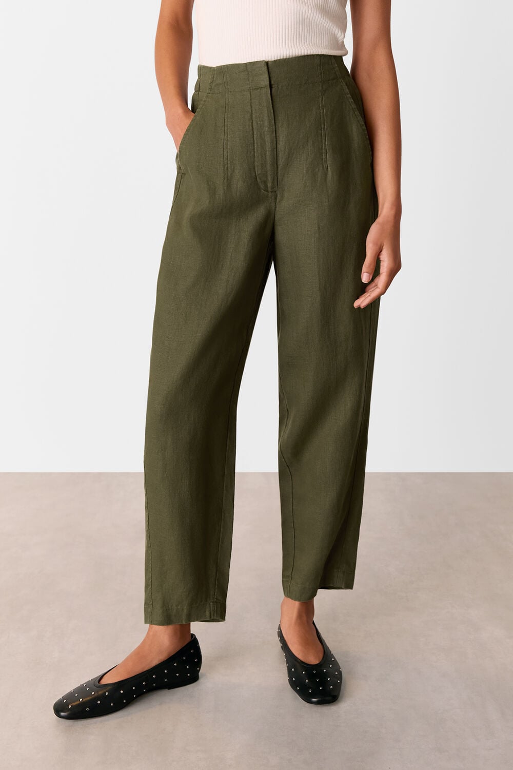 Khaki Linen Barrel Leg Pants&nbsp;