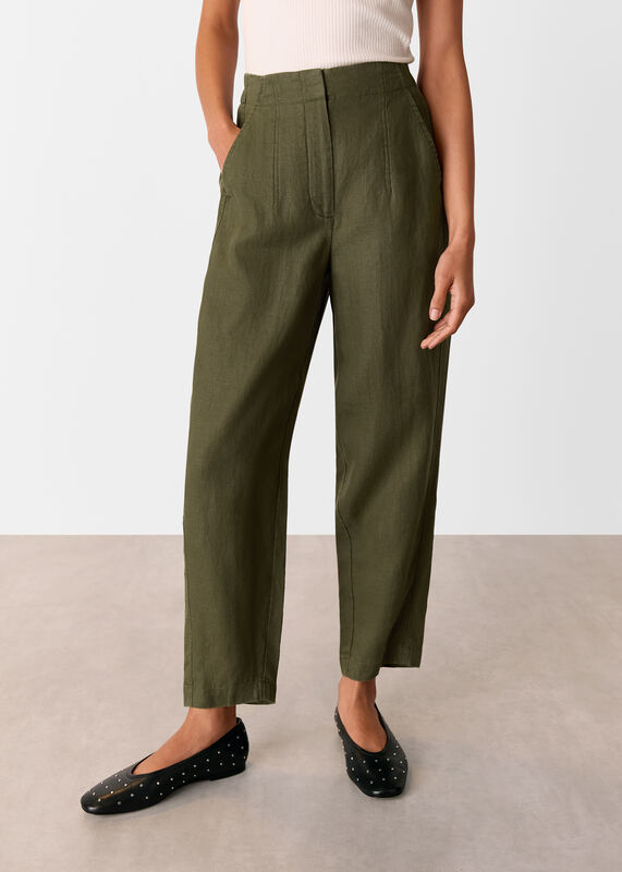 Khaki Linen Barrel Leg Pants 