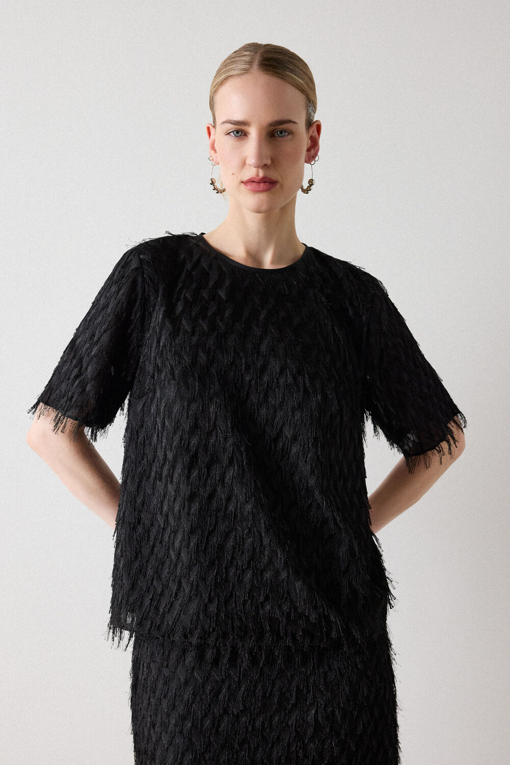 Black Fringe Textured Round Neck Top