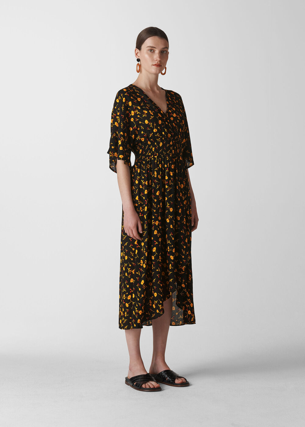 black floral wrap midi dress Black Floral Button Front V-Neck Maternity Midi Dress PinkBlush