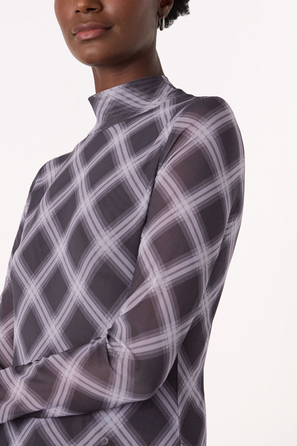 Burgundy Check Print Mesh Top