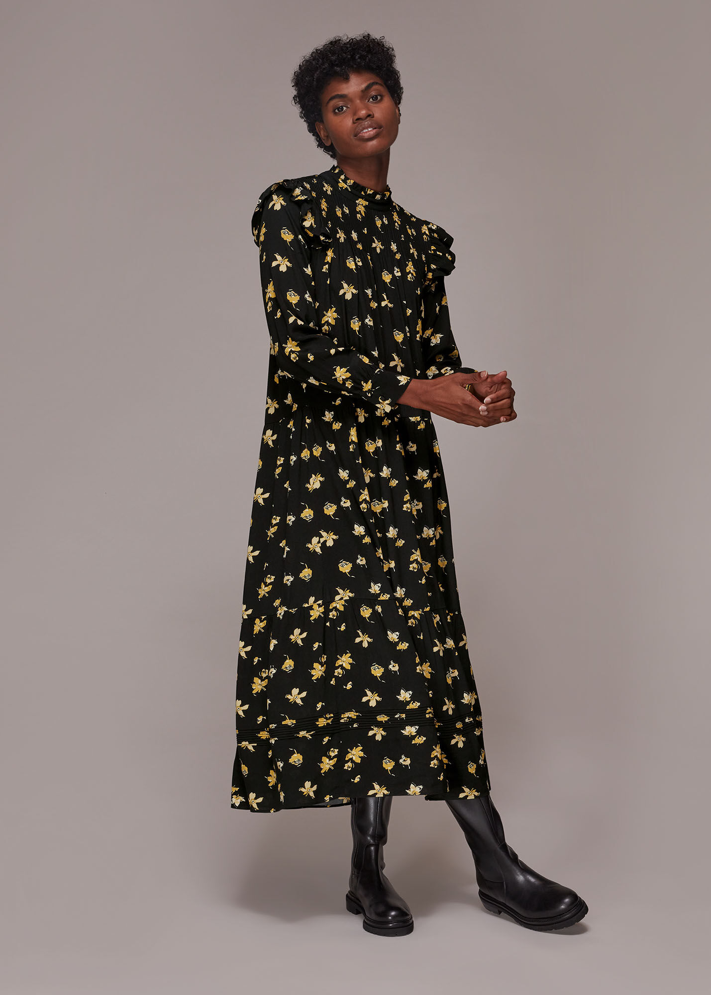 Black Multi Falling Floral Midi Dress WHISTLES