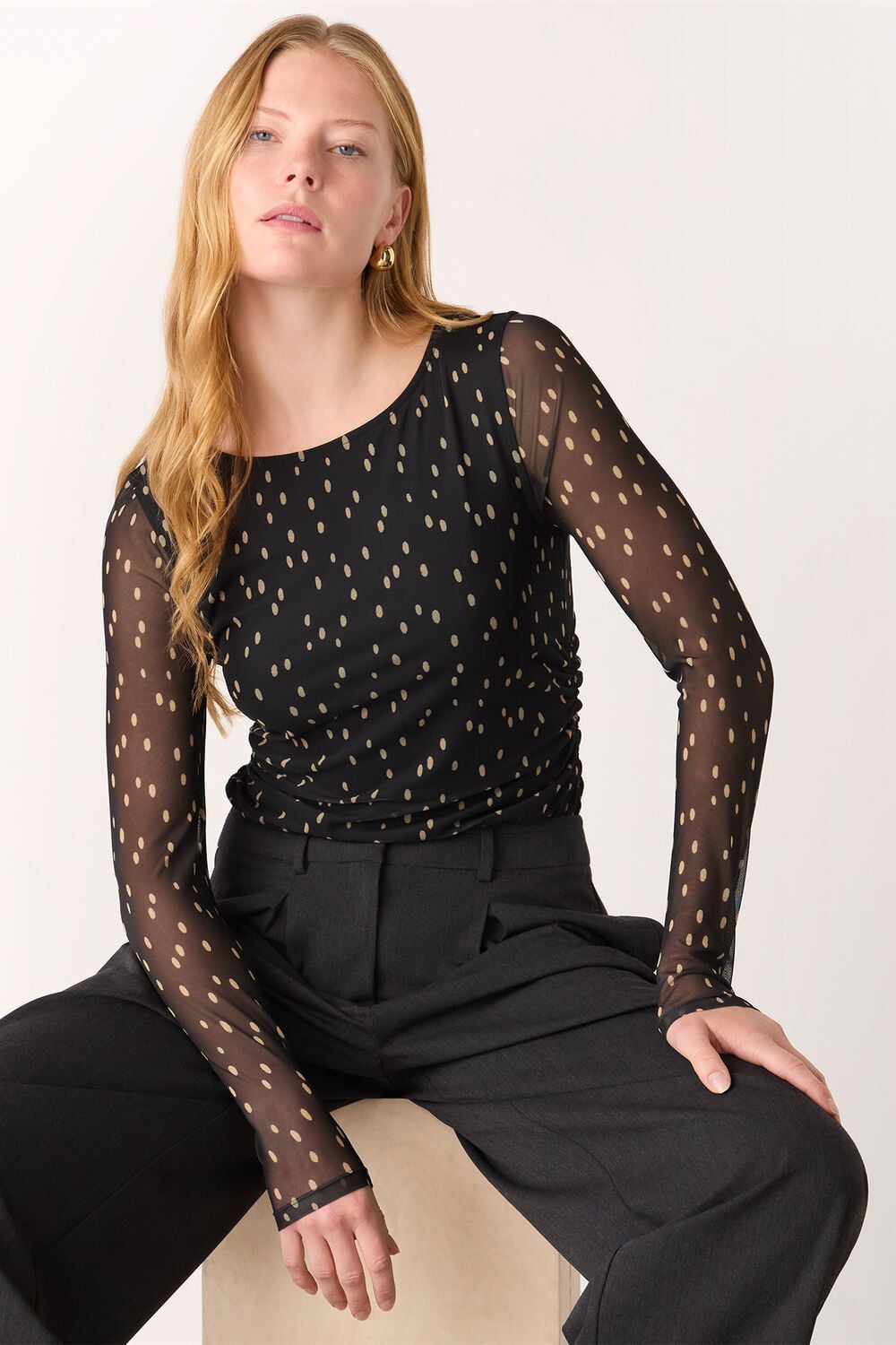Black Spot Print Mesh Jersey Top