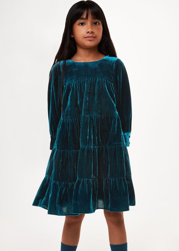Teal Sawyer Tiered Velvet Dress