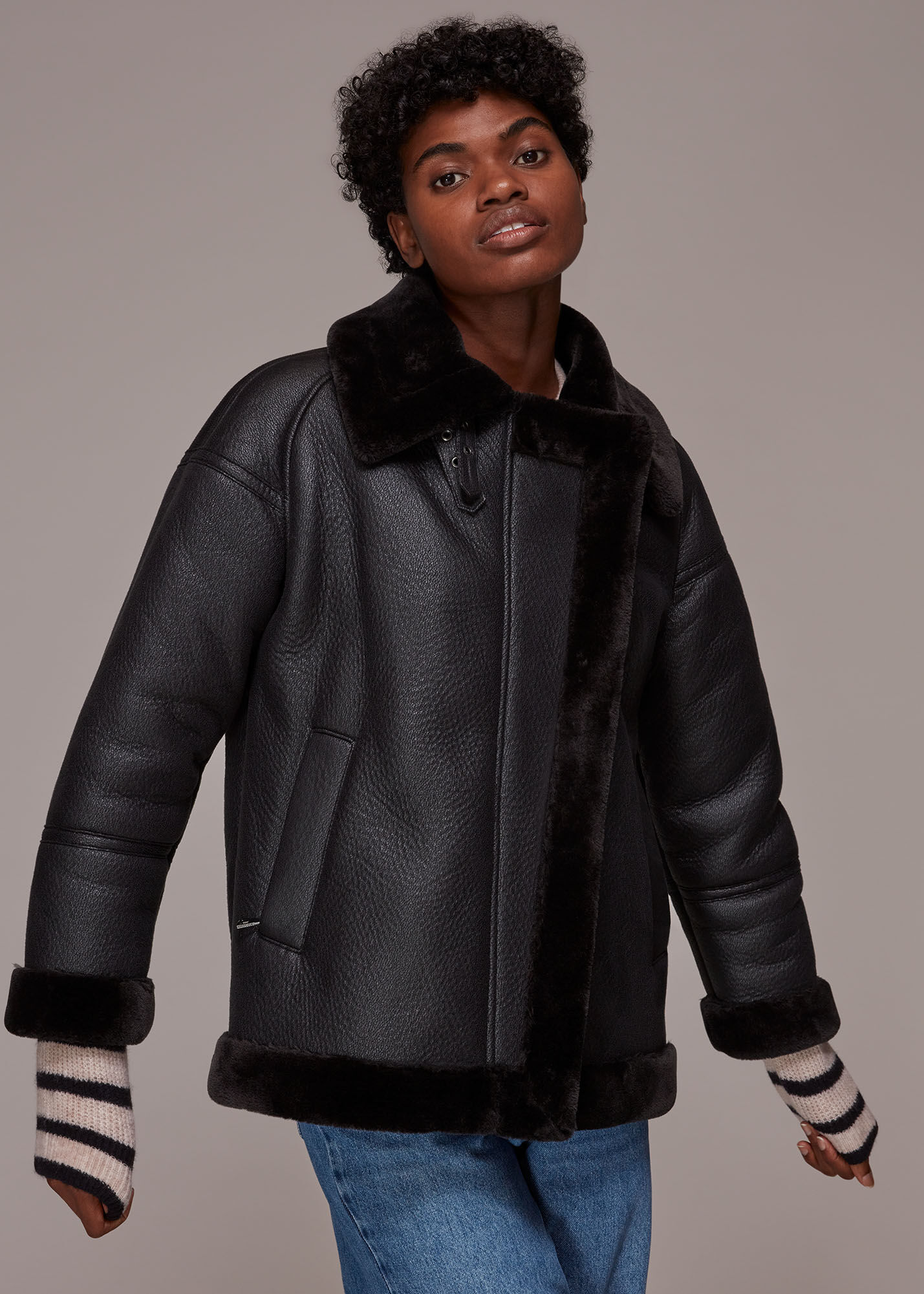 Whistles faux fur outlet biker jacket black