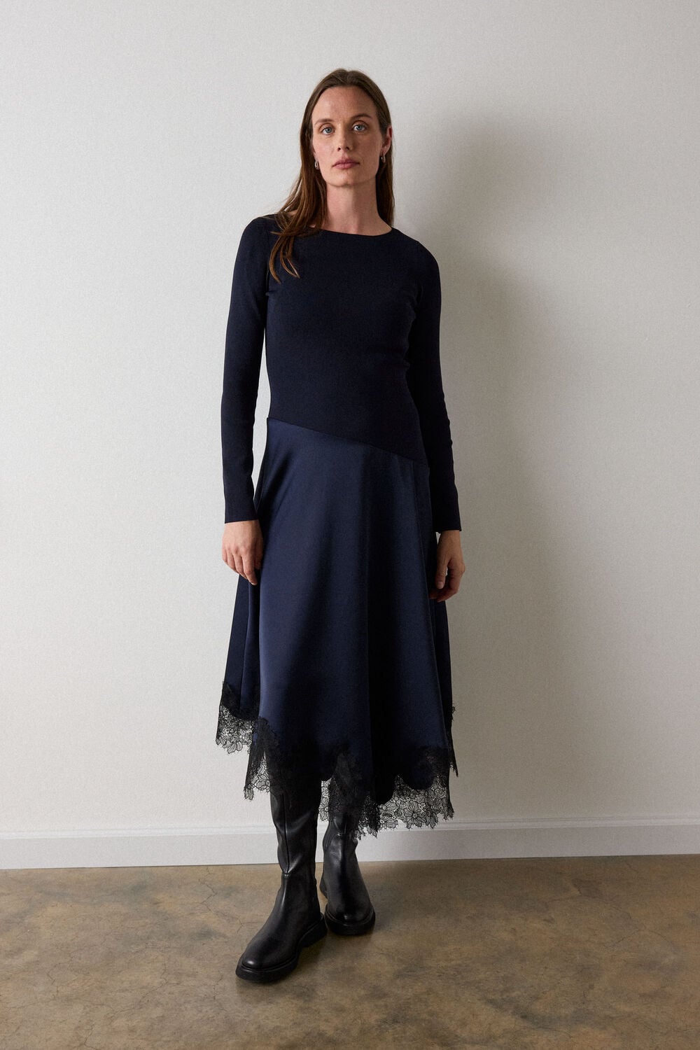 Navy Petite Knit Hybrid Lace Trim Dress