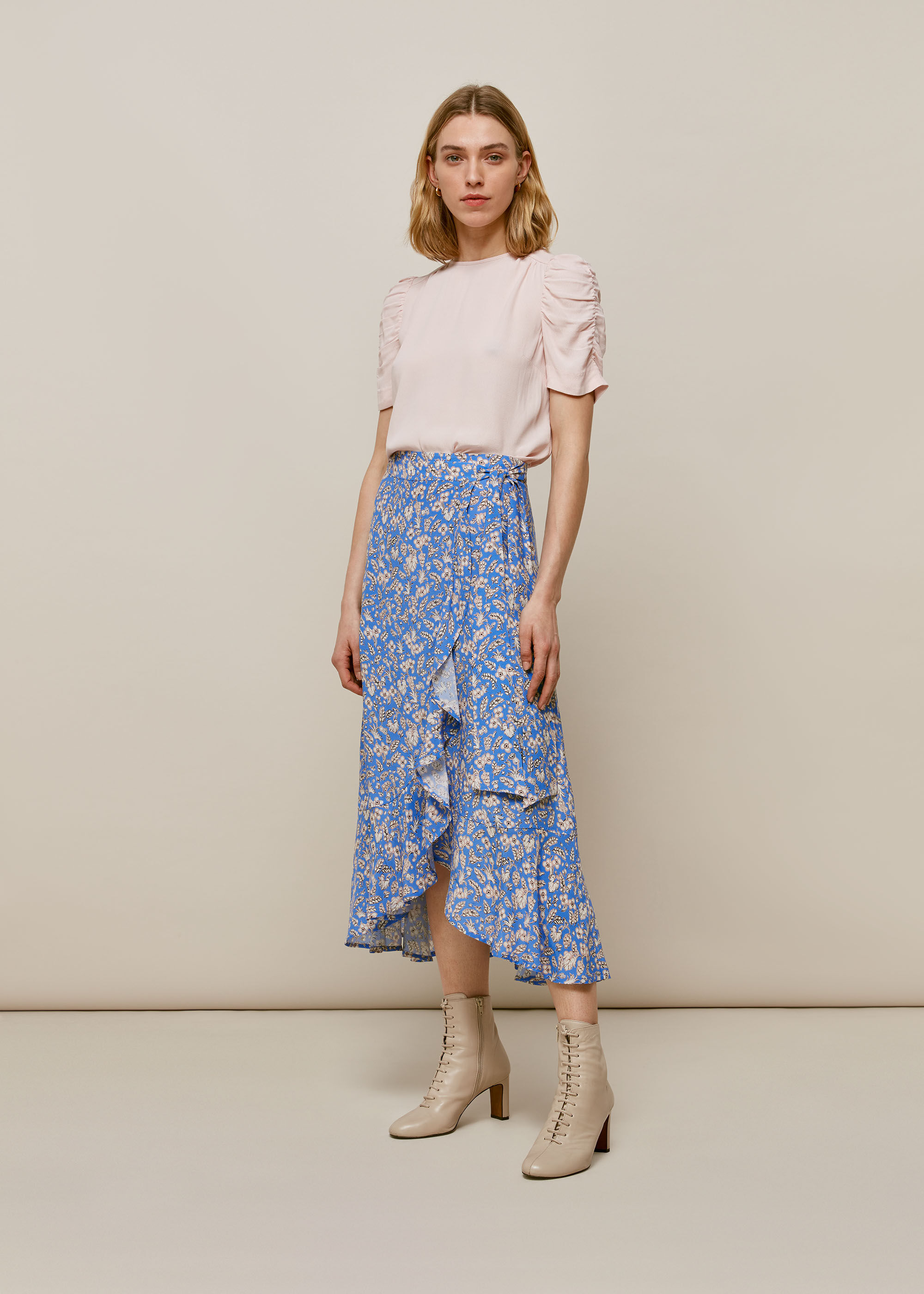 Blue/Multi Wheat Floral Wrap Skirt | WHISTLES |
