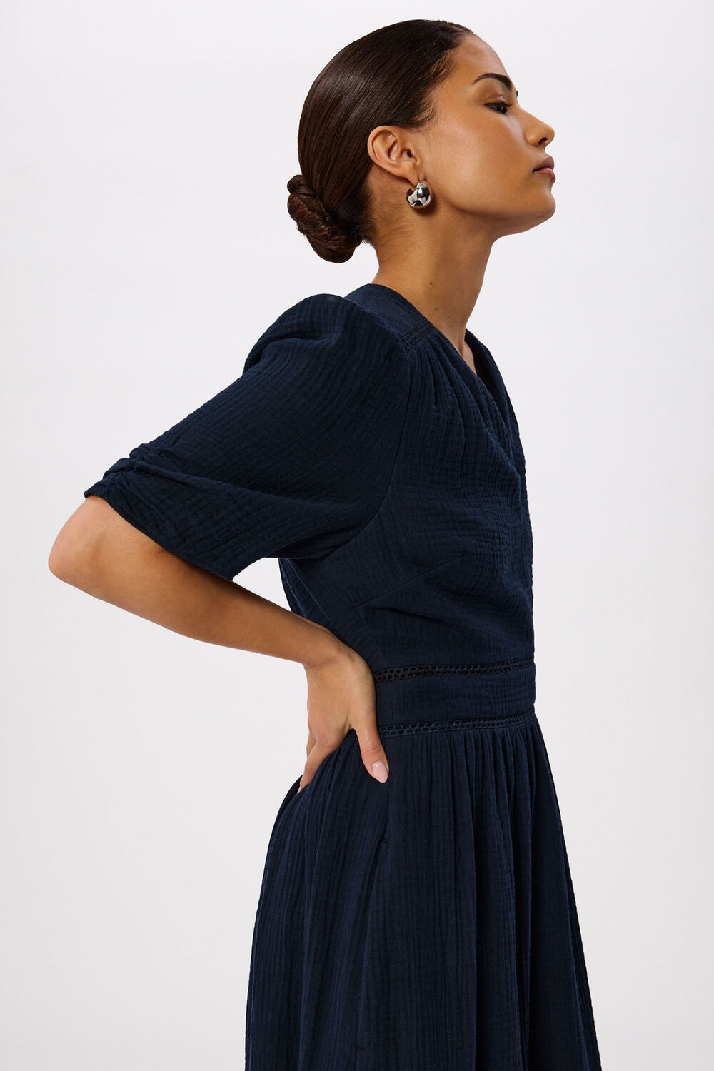 Navy Petite V Neck Textured Midi Dress