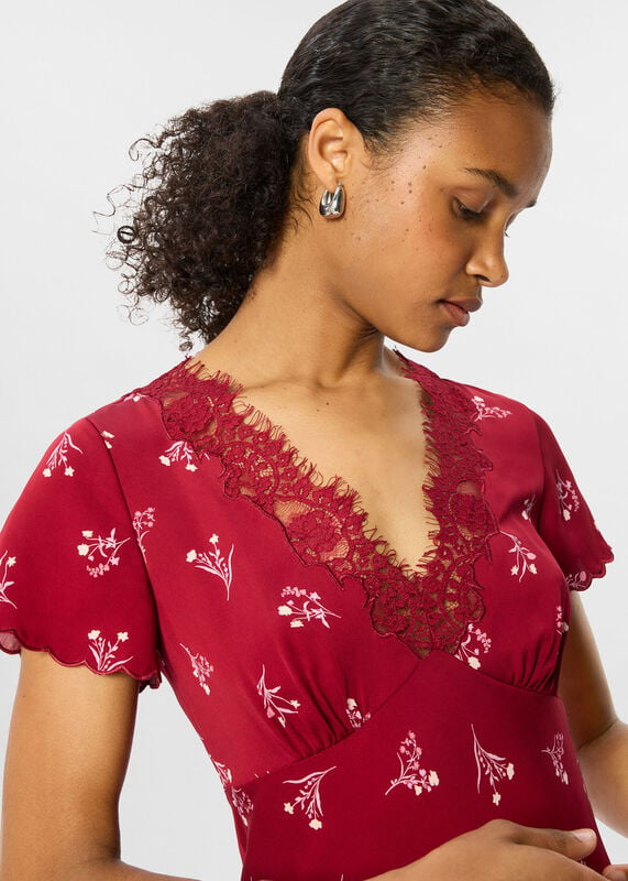 Burgundy Petite Floral Lace Trim Midi Dress