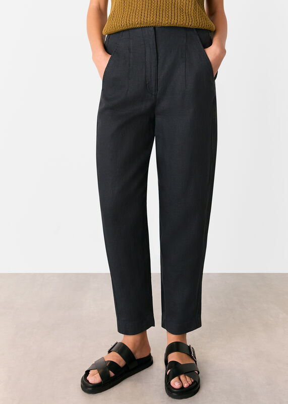 Black Linen Barrel Leg Pants 