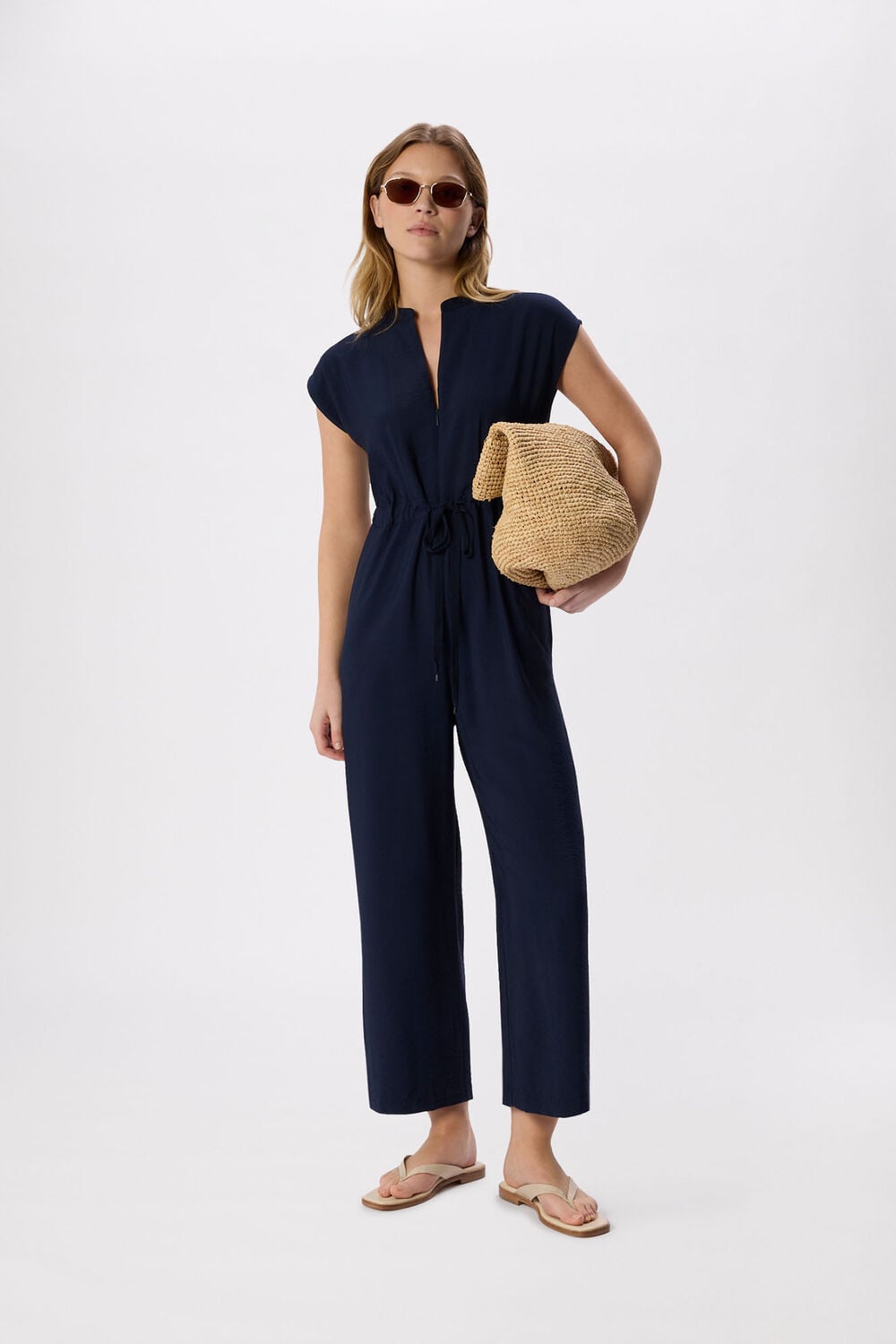Navy Petite Sleeveless Drawstring Jumpsuit