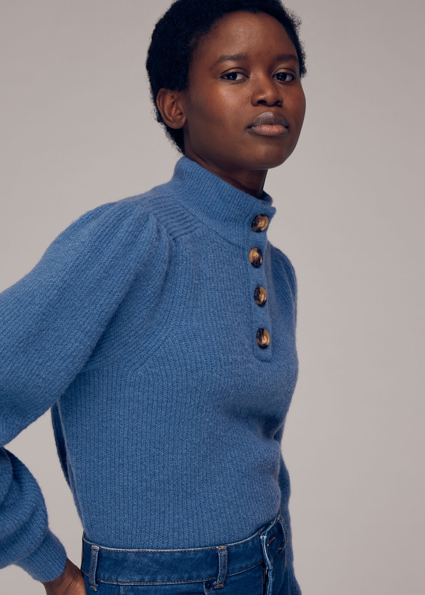 Blue Puff Sleeve Button Sweat | WHISTLES |