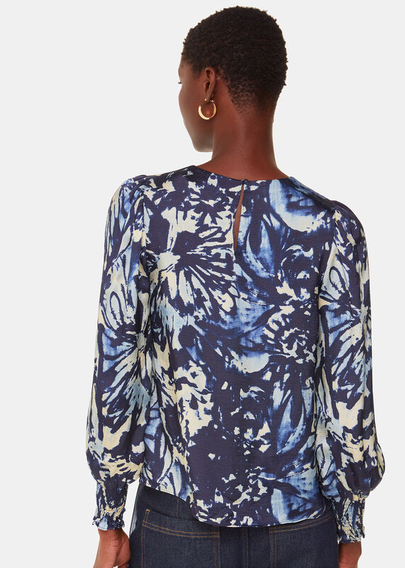 Navy Dazzled Floral Satin Blouse