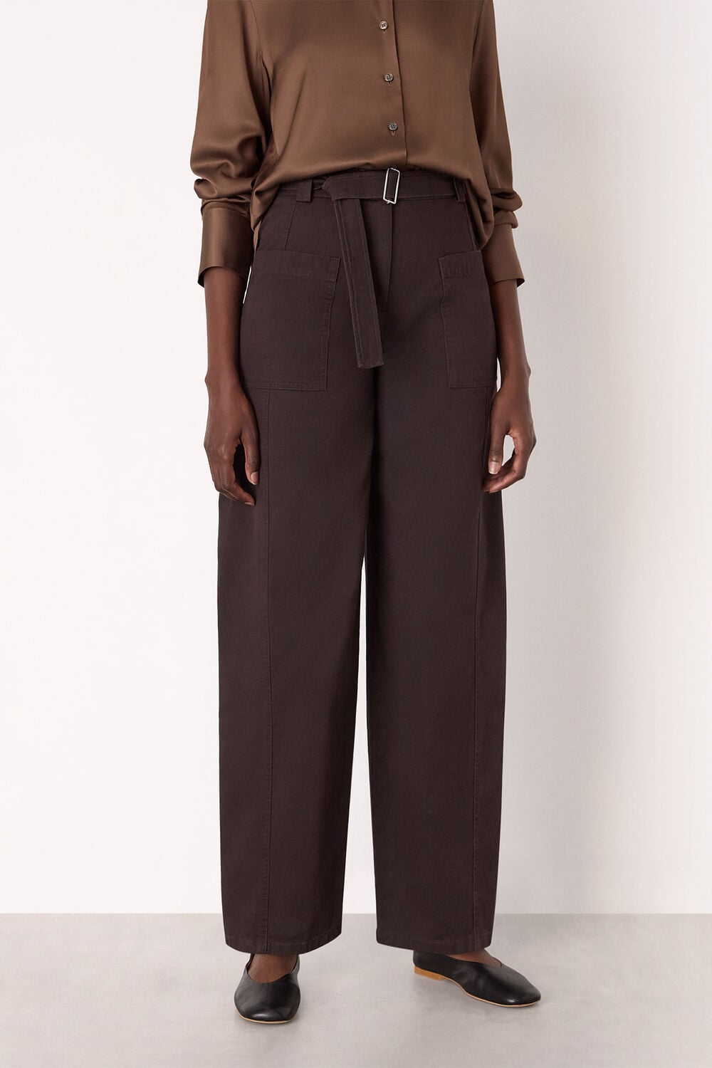 Brown Belted Cotton Barrel Trouser