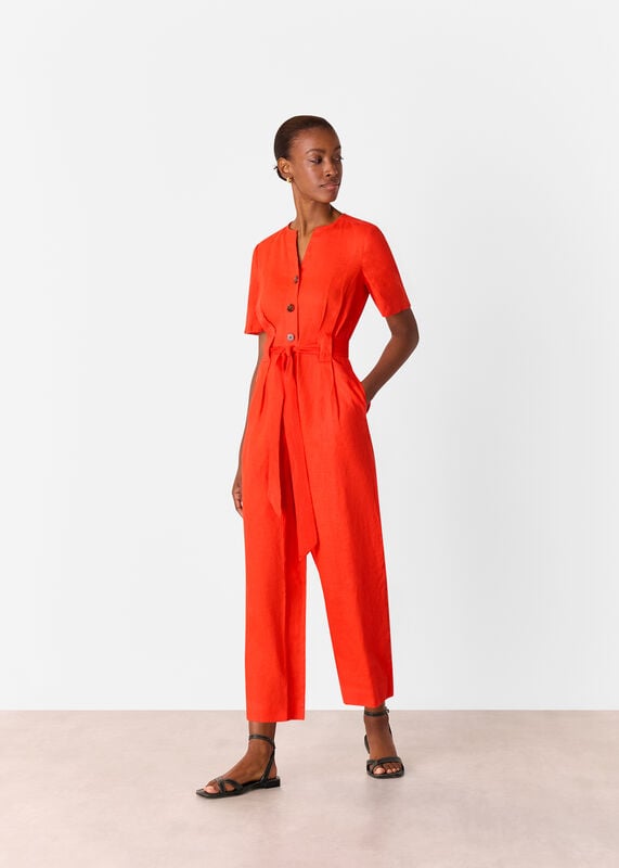 Red Petite Fiona Linen Button Jumpsuit