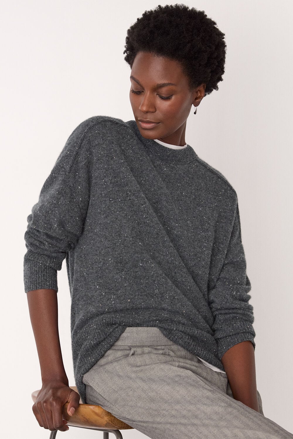 Dark Grey Cashmere Fleck Crew Neck Knit
