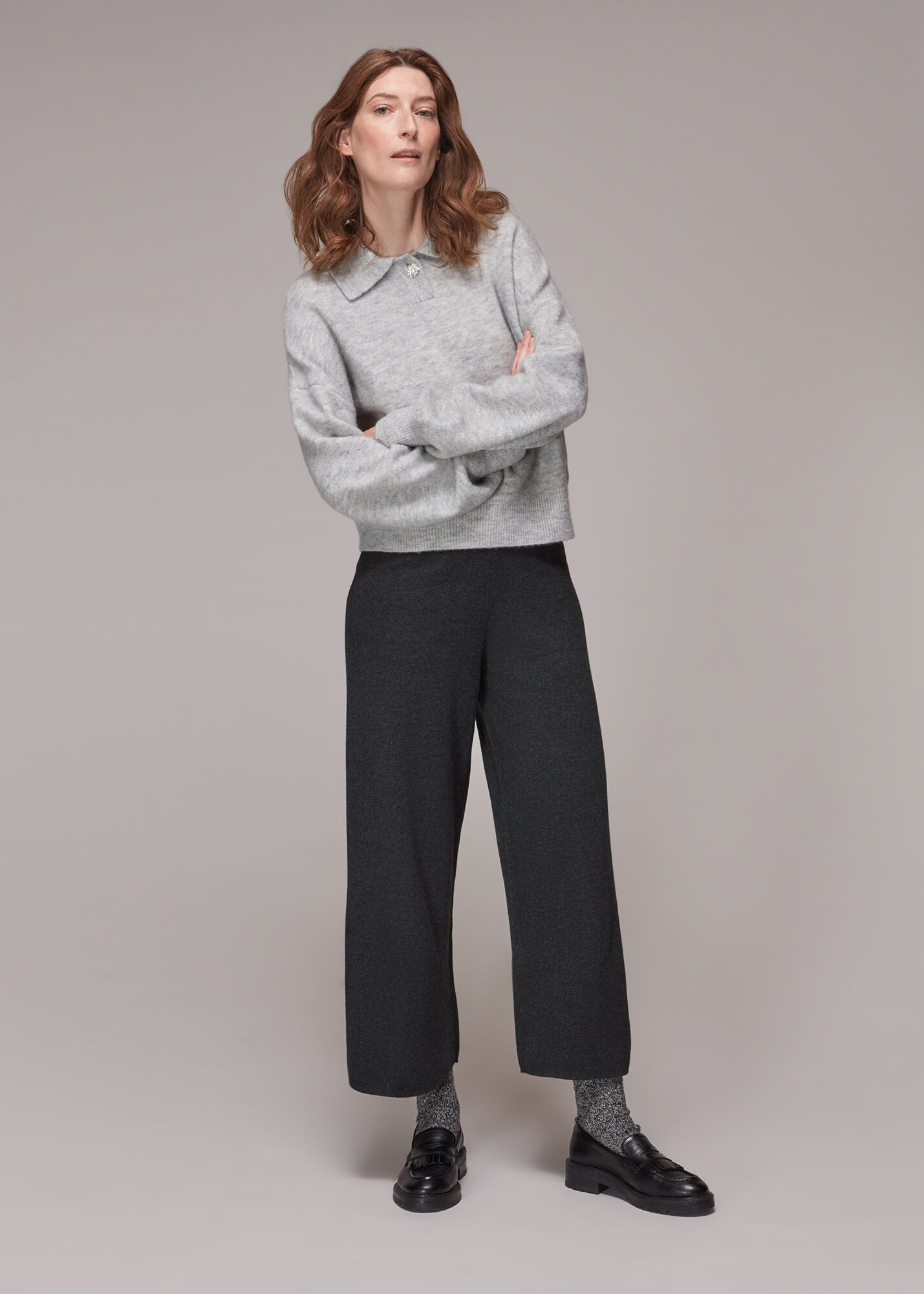 Grey Marl Knitted Wide Leg Marl Trouser | WHISTLES