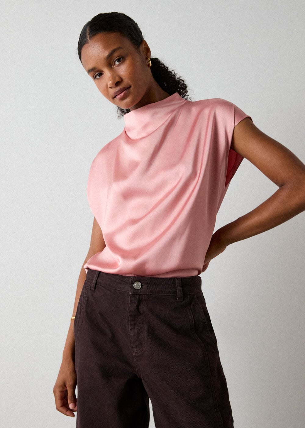 Cowl Neck Satin Sleeveless Top