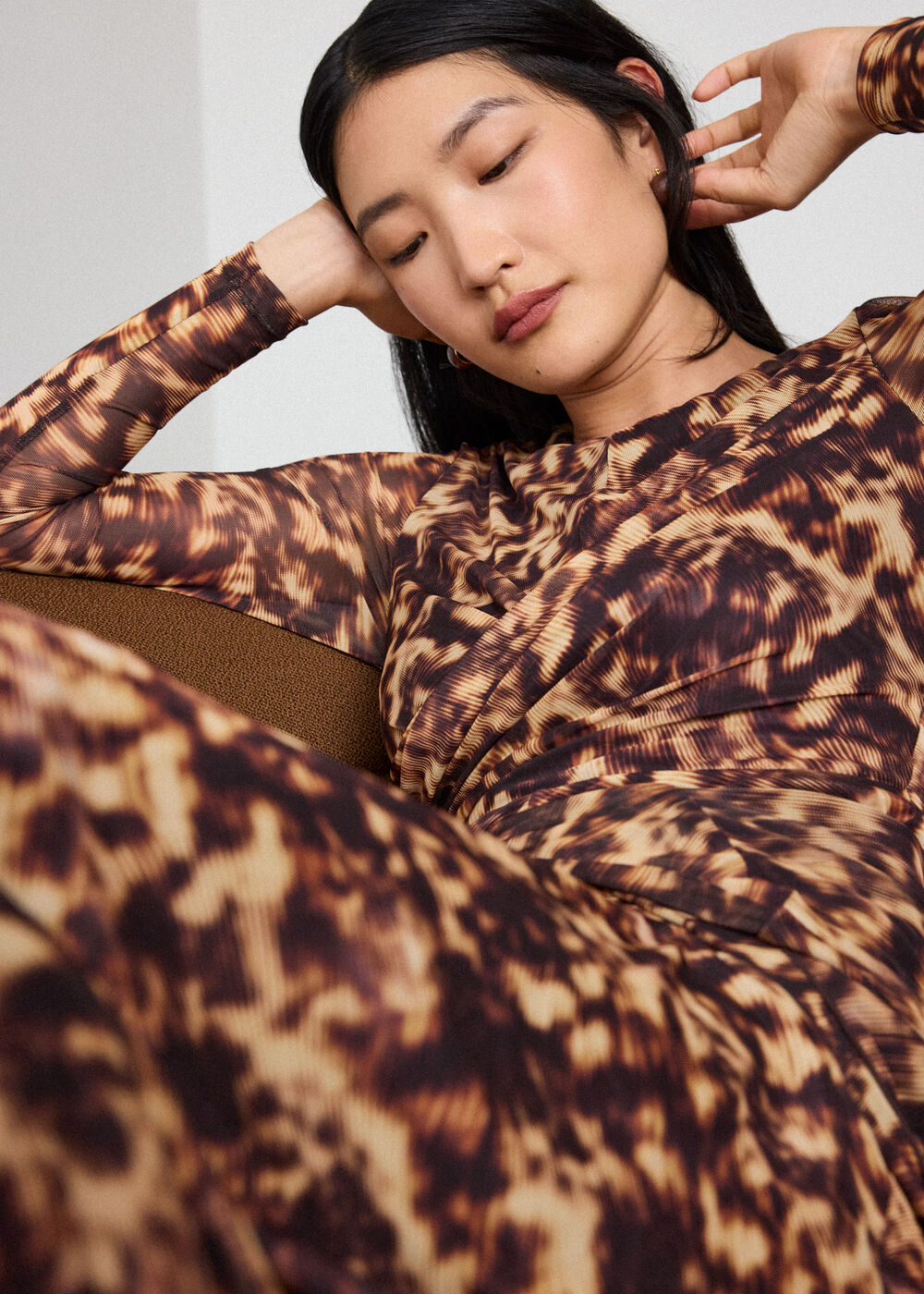 Brown Abstract Animal Mesh Dress