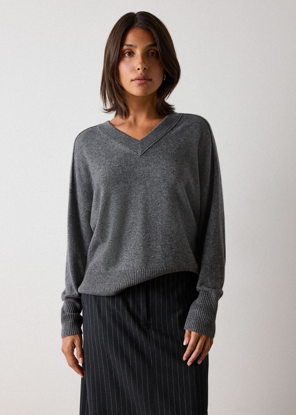 Grey Marl Cashmere Seam Detail V Neck