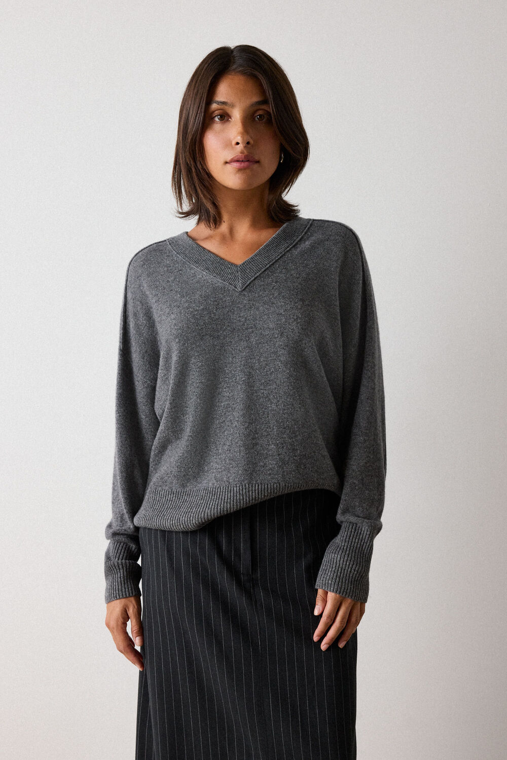 Grey Marl Cashmere Seam Detail V Neck