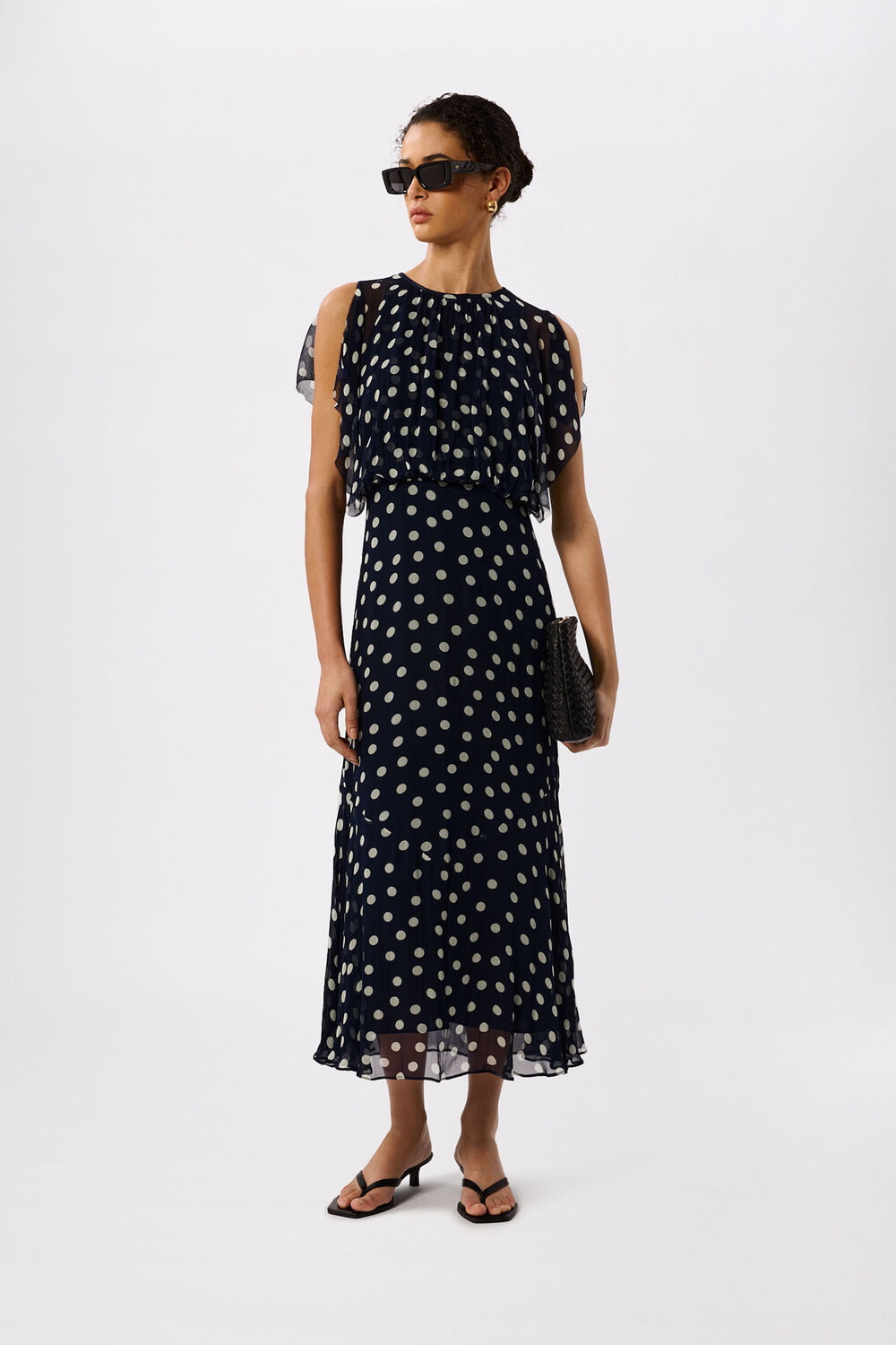 Navy Polka Dot Print Midi Dress