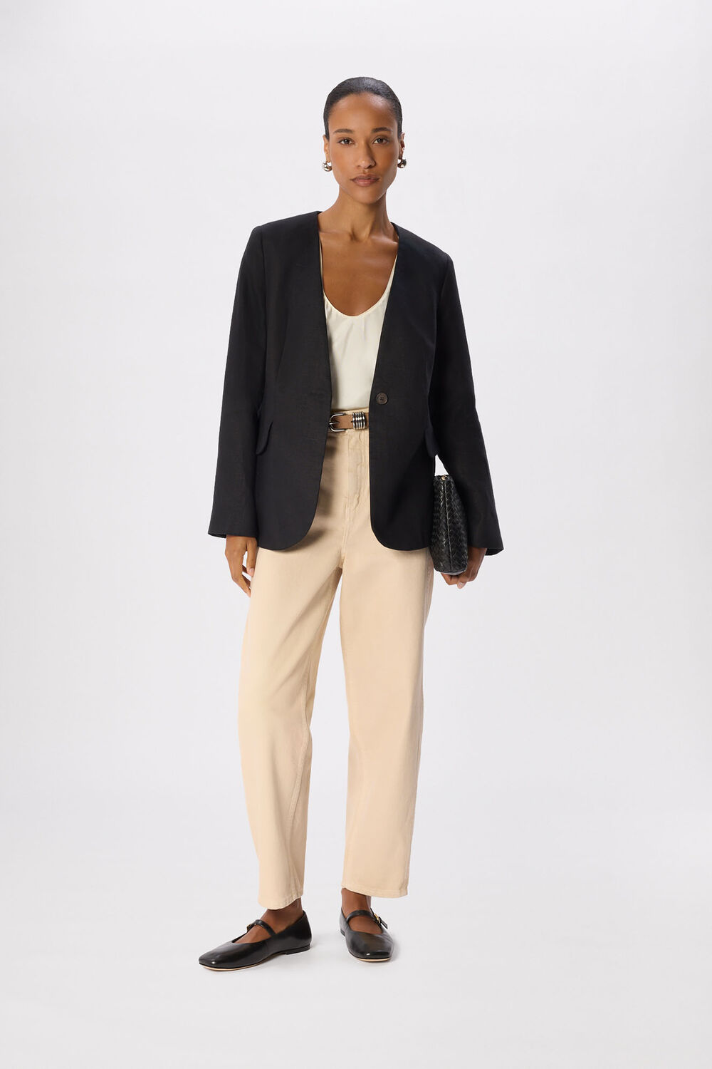 Black Petite Collarless Linen Blazer