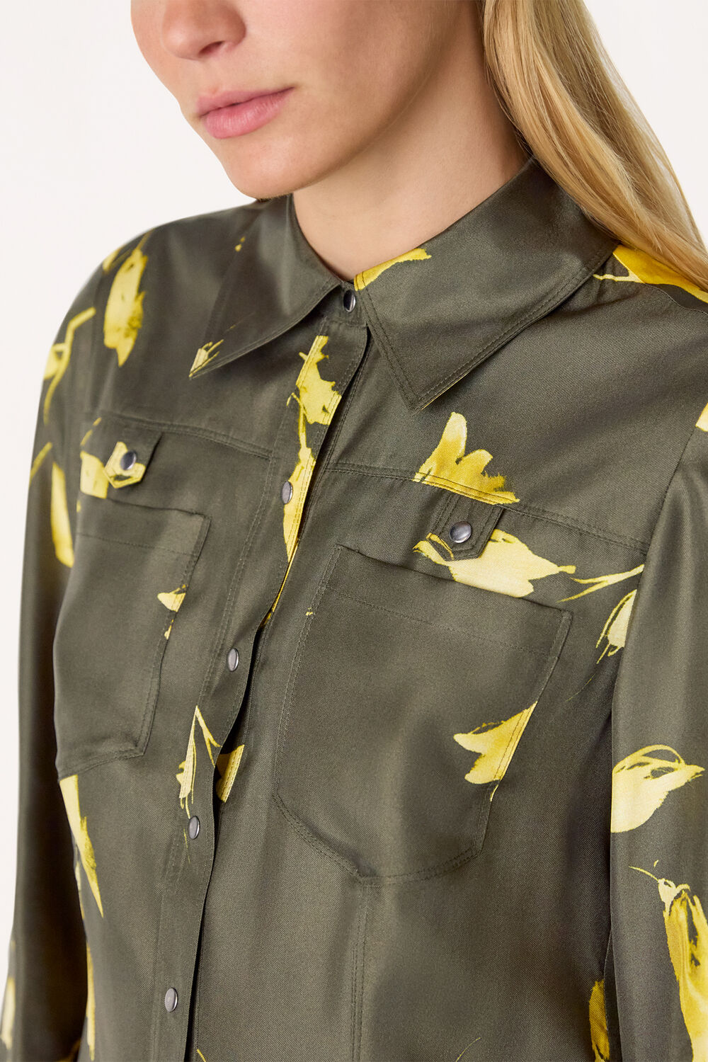 Green Floral Silk Shirt Midi Dress