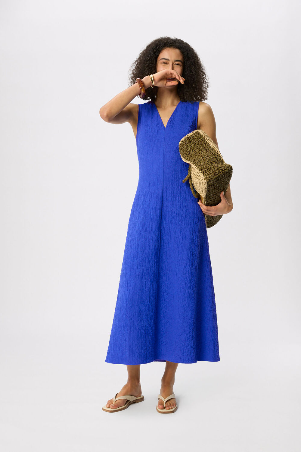 Blue V Neck Textured Dress