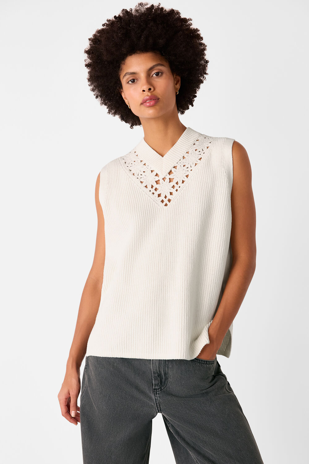 White Floral Crochet V Neck Tank
