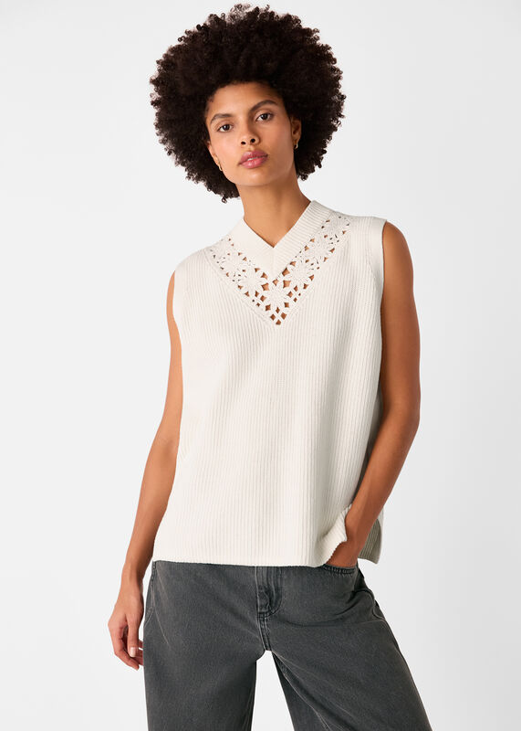 White Floral Crochet V Neck Sweater Vest