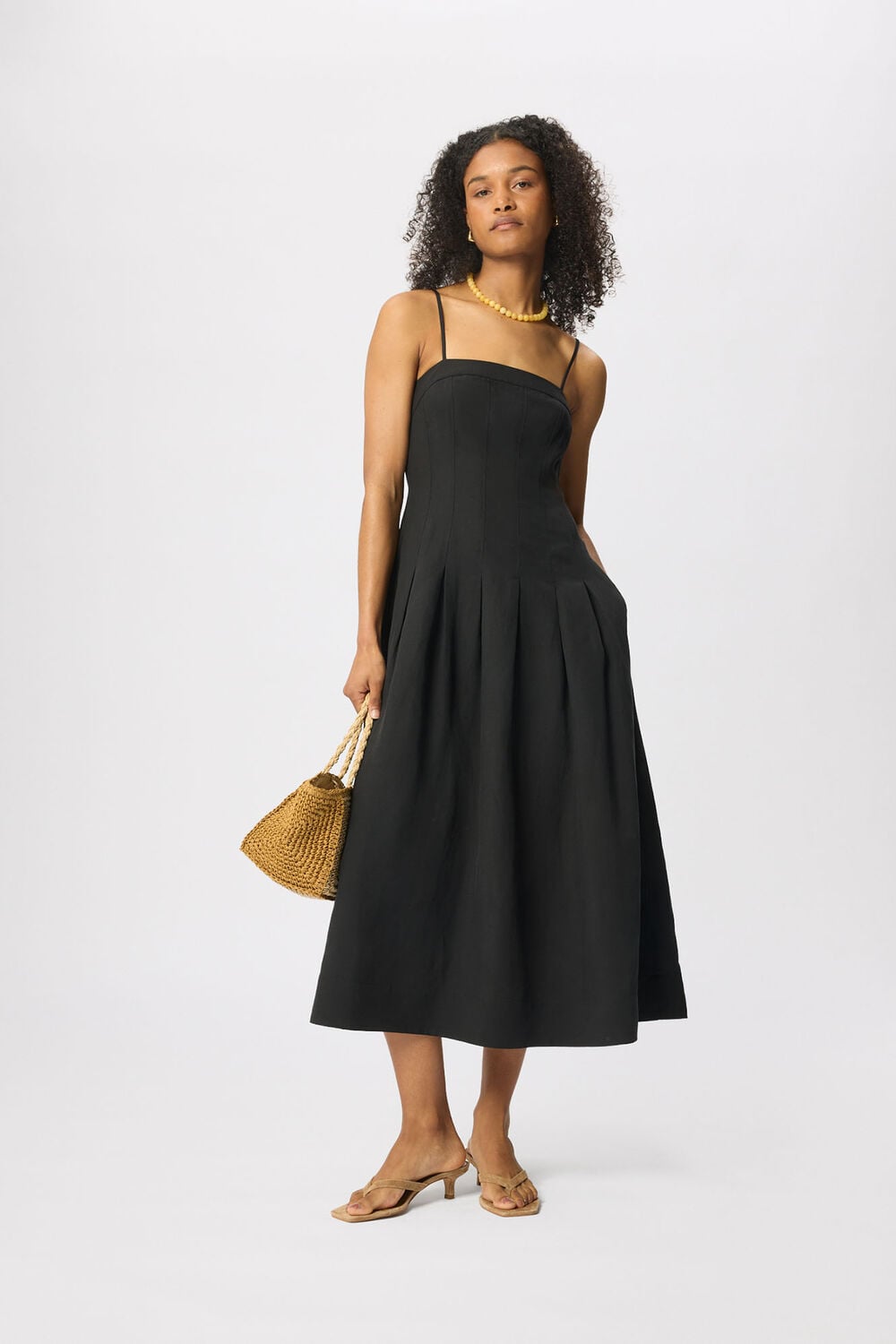 Black Linen Blend Waisted Midi Dress