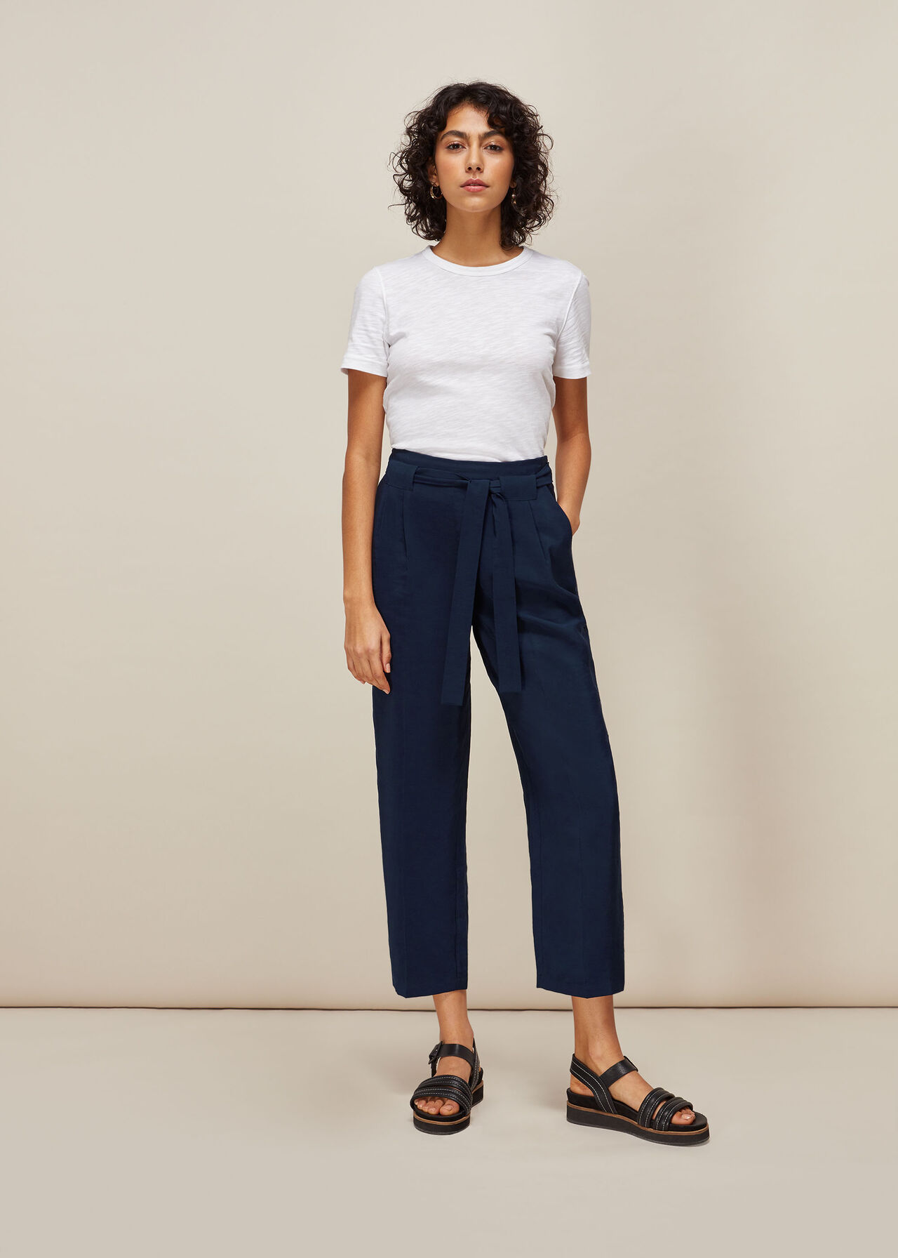 Navy Belted Casual Crop Trouser | WHISTLES | Whistles UK