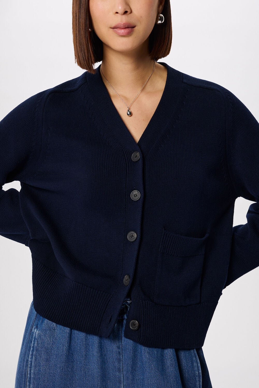 Navy Cotton Pocket Detail Cardigan